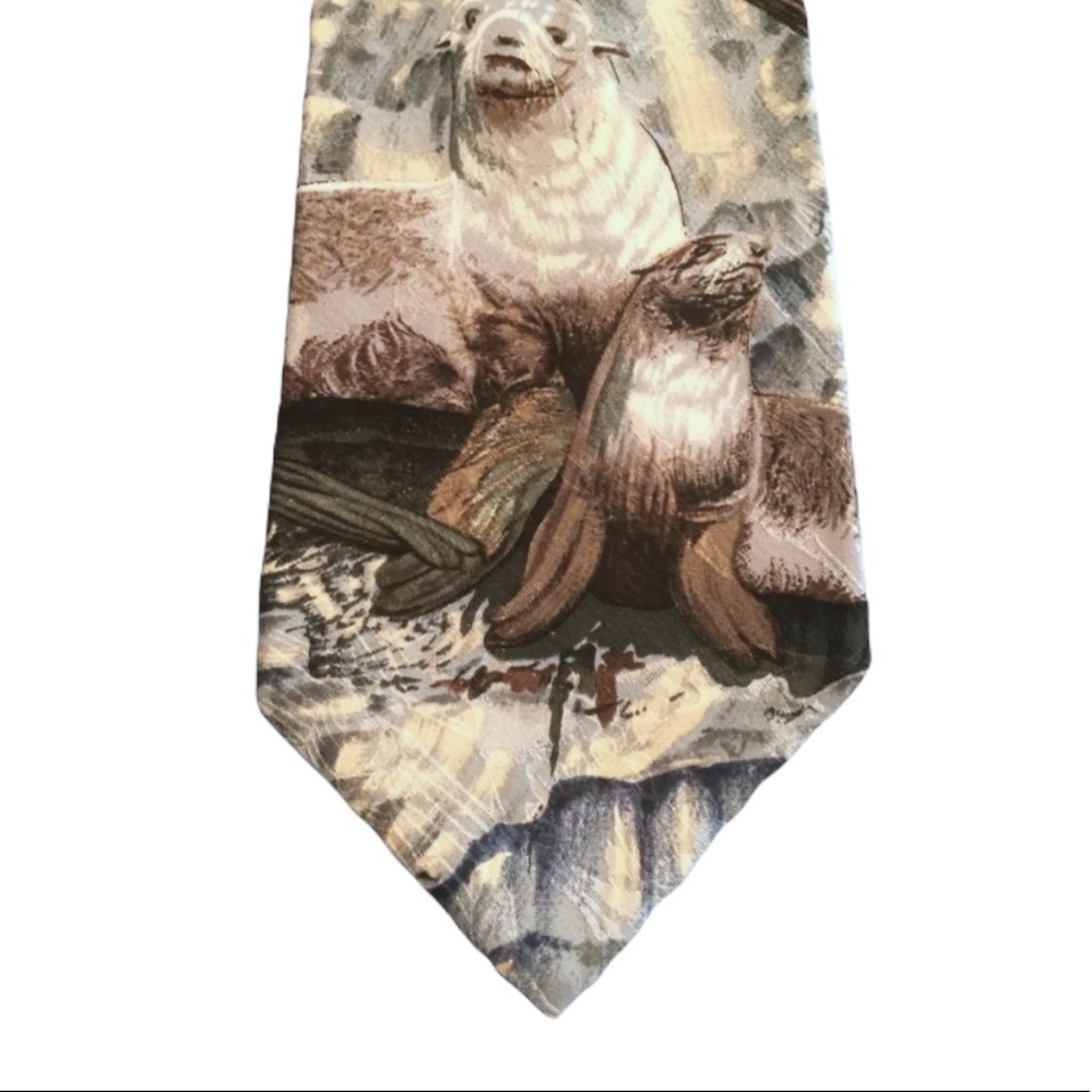 SEALS 100% SILK Blue gray brown cream 58”Necktie Endangered Species - Picture 1 of 7